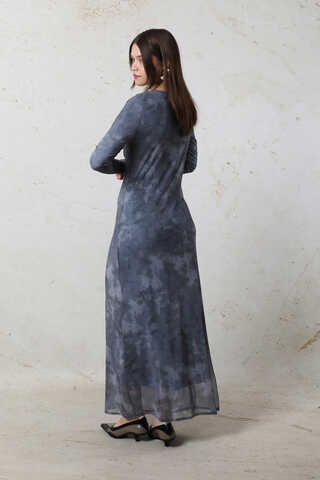 Batik Desen Tül Elbise Mavi - 6