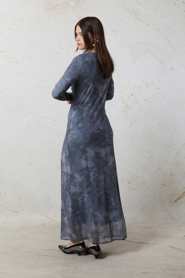 Batik Desen Tül Elbise Mavi - 6