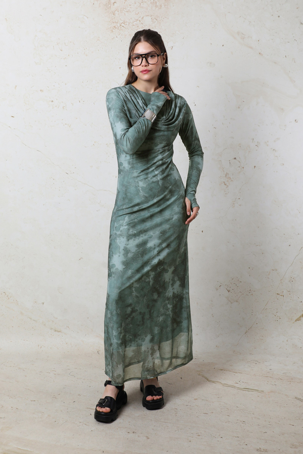 Batik Desen Tül Elbise Mint - 6