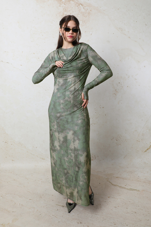 Batik Desen Tül Elbise Yeşil - 4