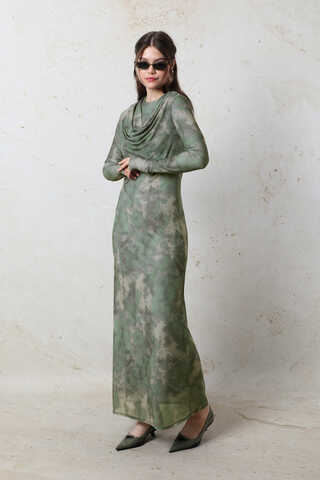 Batik Desen Tül Elbise Yeşil - 2