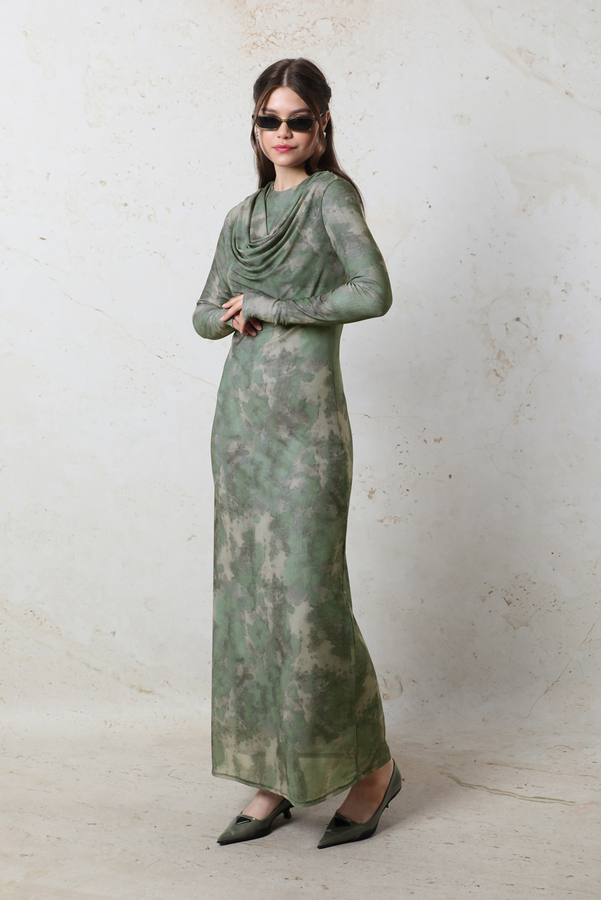 Batik Desen Tül Elbise Yeşil - 2