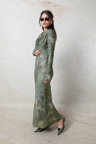 Batik Desen Tül Elbise Yeşil - 6