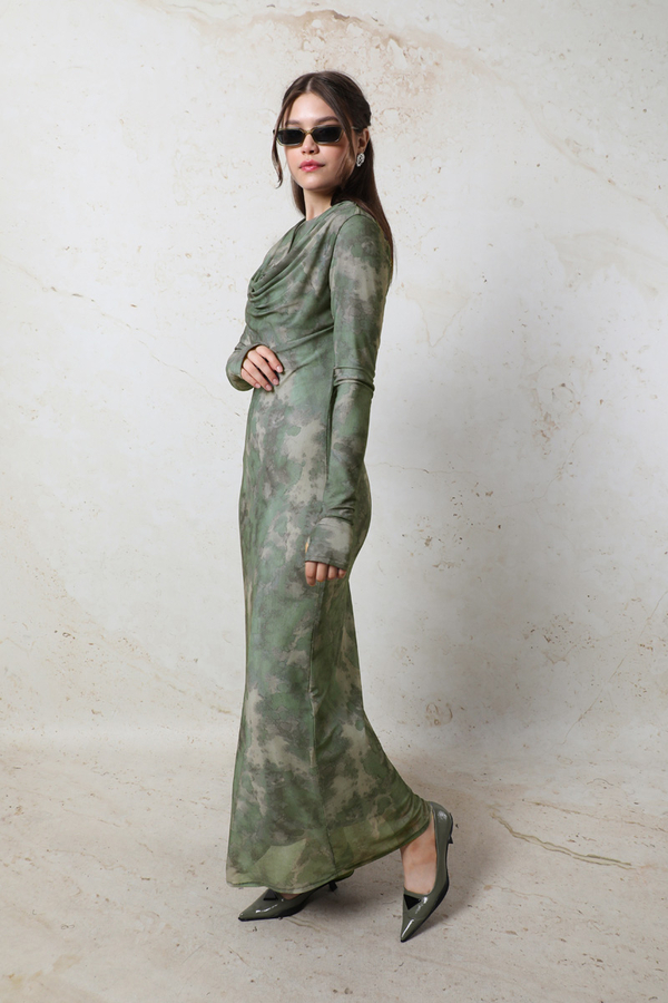 Batik Desen Tül Elbise Yeşil - 6