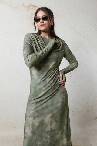 Batik Desen Tül Elbise Yeşil - 5