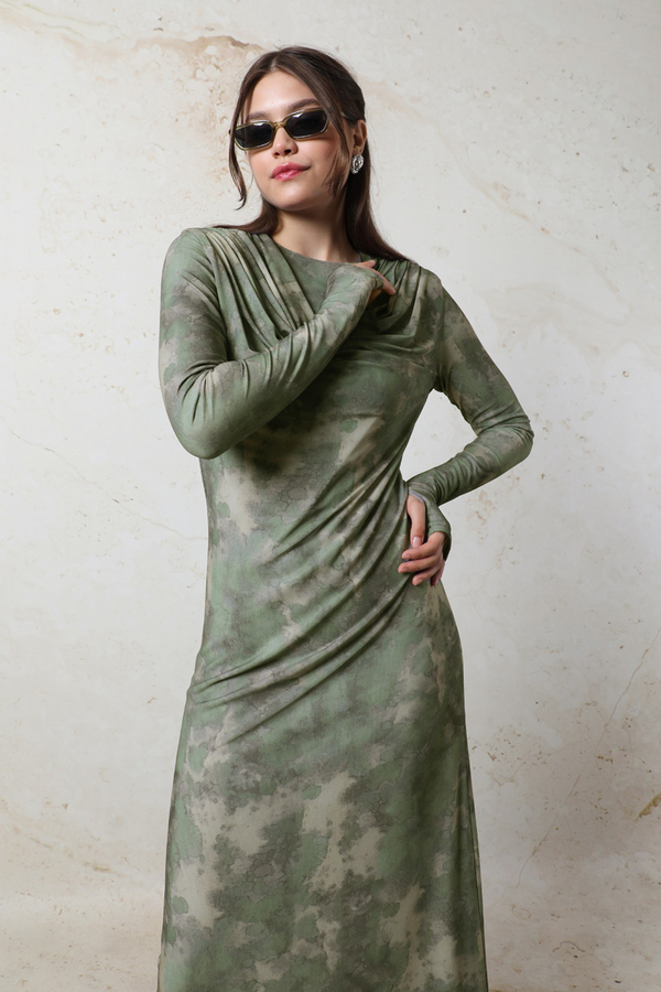 Batik Desen Tül Elbise Yeşil - 5