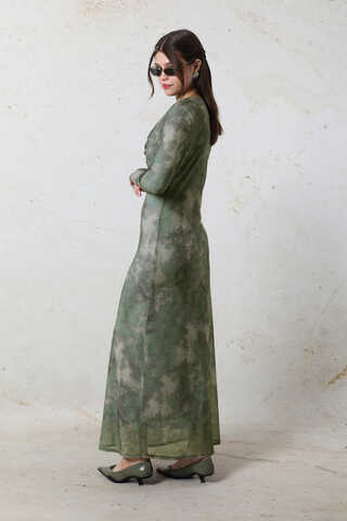Batik Desen Tül Elbise Yeşil - 7