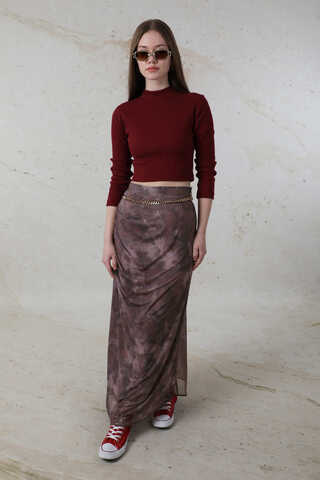 Batik Desenli Tül Etek Bordo - 1