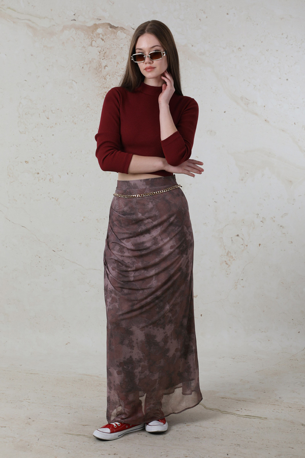 Batik Desenli Tül Etek Bordo - 5