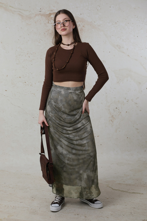 Batik Desenli Tül Etek Haki