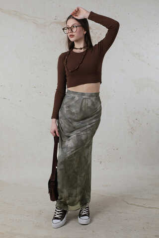 Batik Desenli Tül Etek Haki - 3