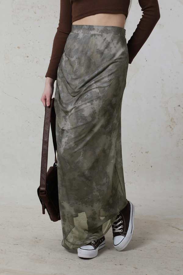 Batik Desenli Tül Etek Haki - 5