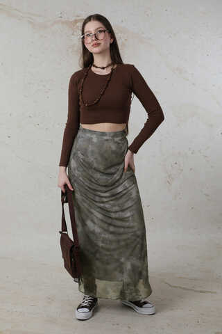 Batik Desenli Tül Etek Haki - 1