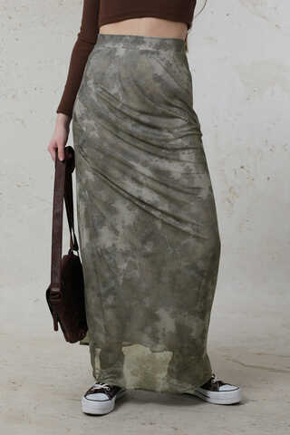 Batik Desenli Tül Etek Haki - 2