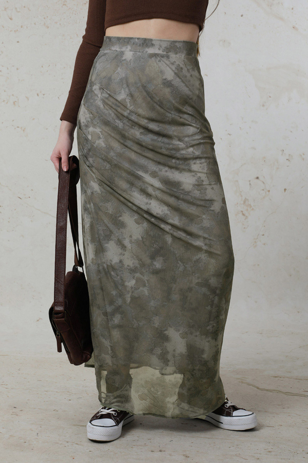 Batik Desenli Tül Etek Haki - 2