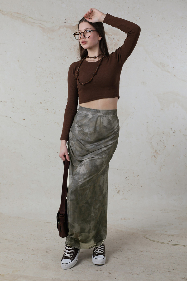 Batik Desenli Tül Etek Haki - 3