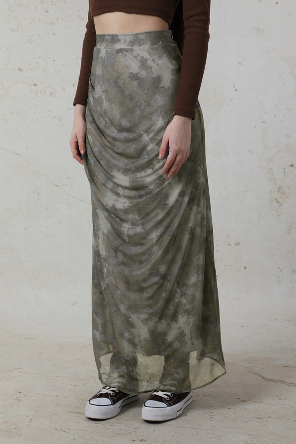 Batik Desenli Tül Etek Haki - 4