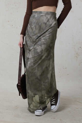 Batik Desenli Tül Etek Haki - 5