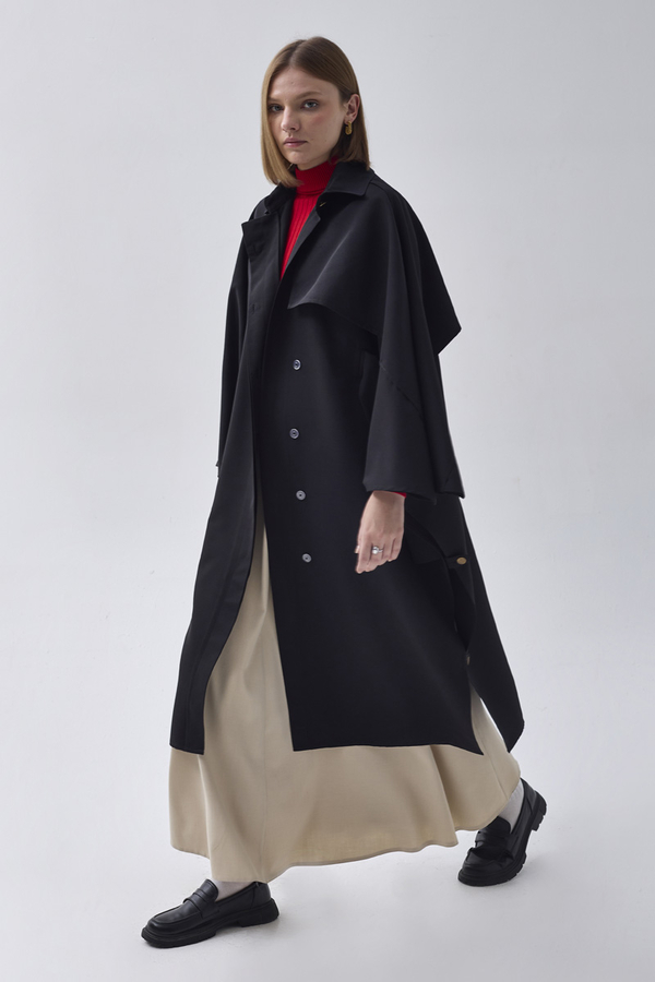 Batwing Sleeve Trenchcoat Black - 7