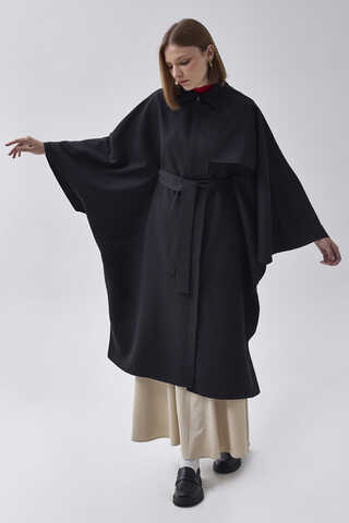 Batwing Sleeve Trenchcoat Black - 1