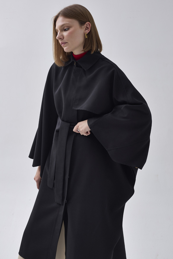 Batwing Sleeve Trenchcoat Black - 10