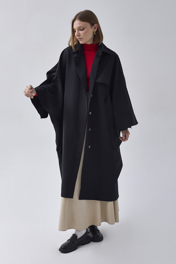 Batwing Sleeve Trenchcoat Black - 11