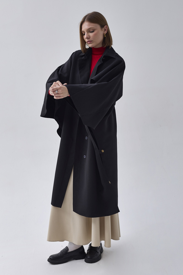 Batwing Sleeve Trenchcoat Black - 5