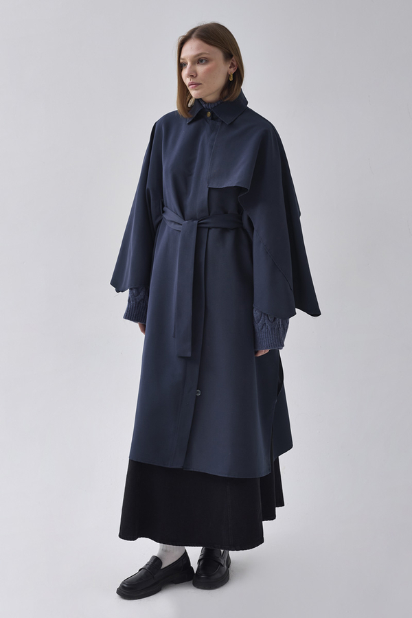 Batwing Sleeve Trenchcoat Navy - 4
