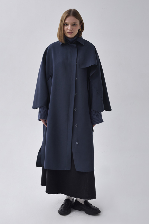 Batwing Sleeve Trenchcoat Navy - 5