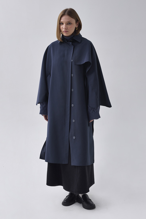 Batwing Sleeve Trenchcoat Navy - 7