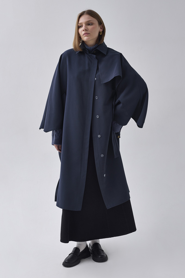 Batwing Sleeve Trenchcoat Navy - 2