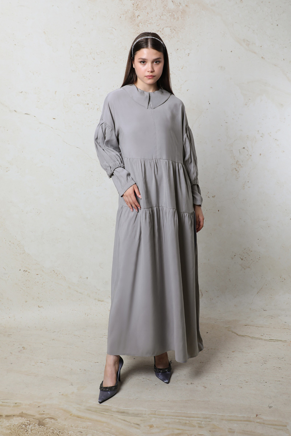 Bebe Yaka Büzgülü Elbise Gri - 2