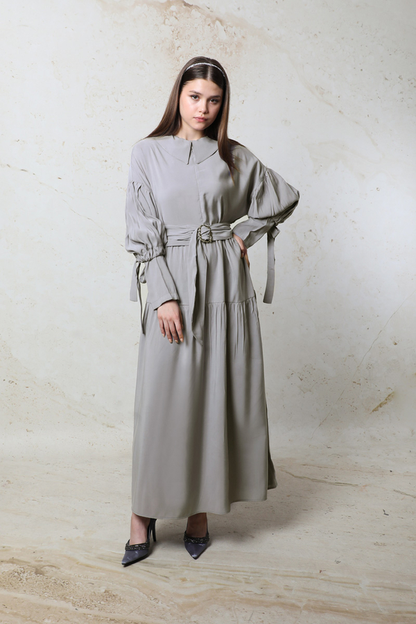 Bebe Yaka Büzgülü Elbise Gri - 1