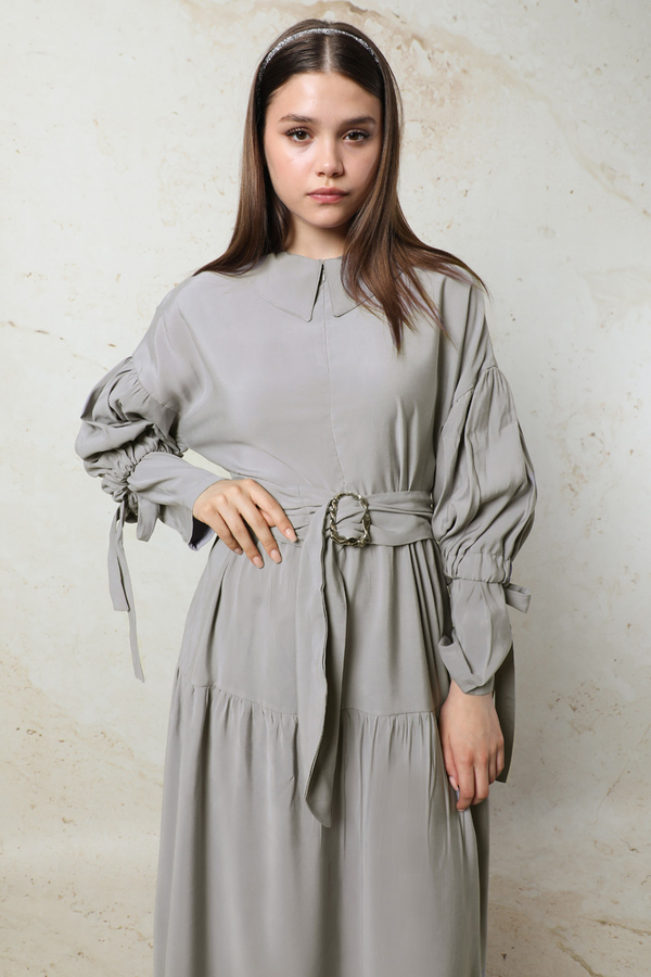 Bebe Yaka Büzgülü Elbise Gri - 4