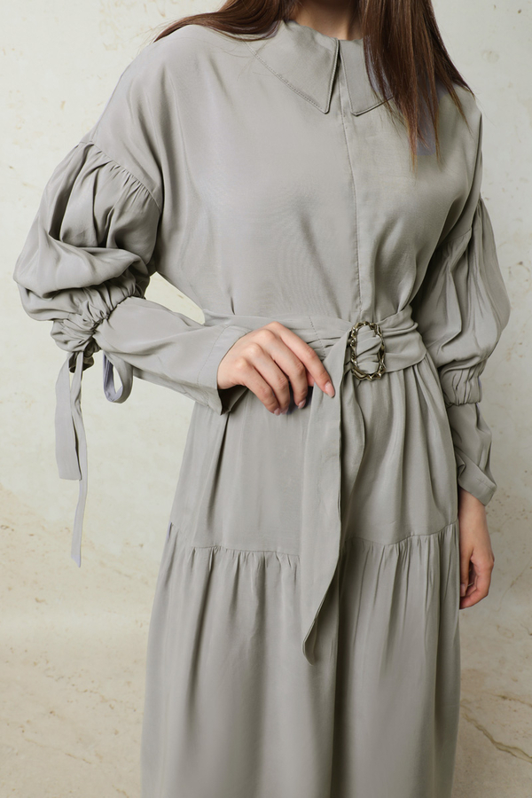 Bebe Yaka Büzgülü Elbise Gri - 5