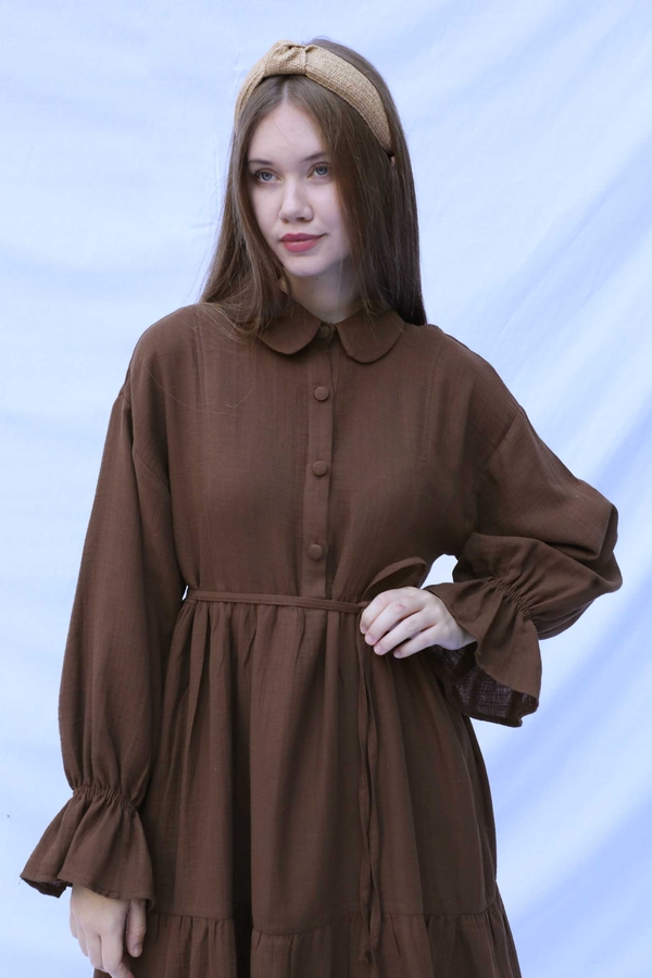 Bebe Yaka Katlı Elbise Kahverengi - 6