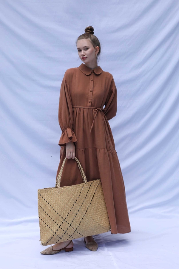 Bebe Yaka Katlı Elbise Kiremit - 4