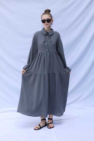 Bebe Yaka Katlı Elbise Koyu Gri - 2