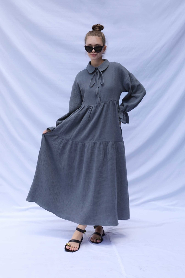 Bebe Yaka Katlı Elbise Koyu Gri - 1