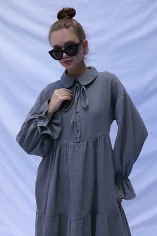 Bebe Yaka Katlı Elbise Koyu Gri - 3