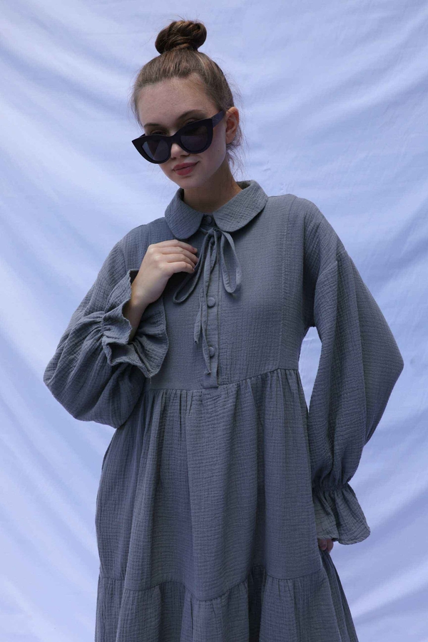 Bebe Yaka Katlı Elbise Koyu Gri - 3