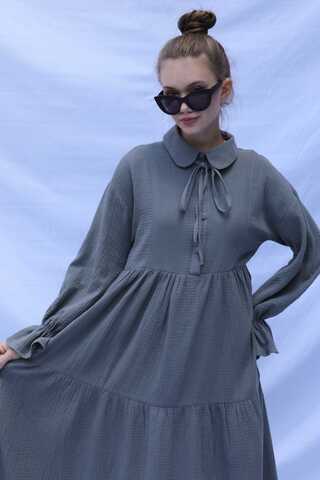 Bebe Yaka Katlı Elbise Koyu Gri - 5