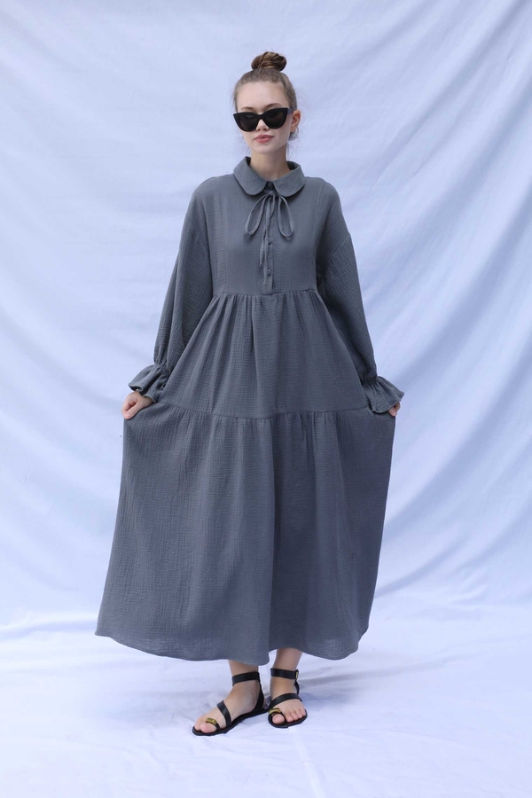 Bebe Yaka Katlı Elbise Koyu Gri - 2