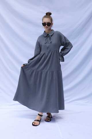 Bebe Yaka Katlı Elbise Koyu Gri - 1