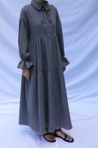 Bebe Yaka Katlı Elbise Koyu Gri - 4