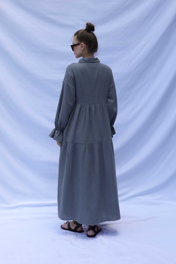 Bebe Yaka Katlı Elbise Koyu Gri - 6