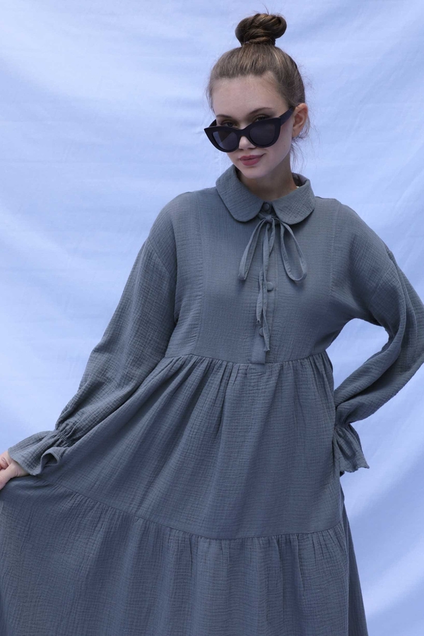 Bebe Yaka Katlı Elbise Koyu Gri - 5