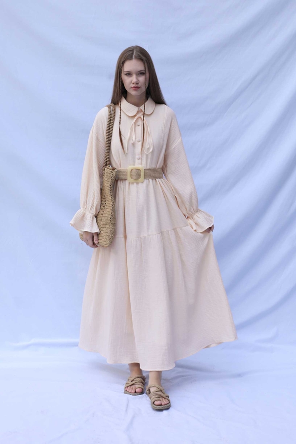 Bebe Yaka Katlı Elbise Krem - 2