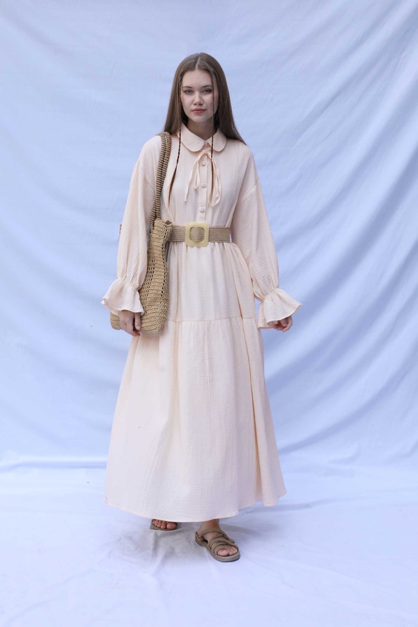 Bebe Yaka Katlı Elbise Krem - 3