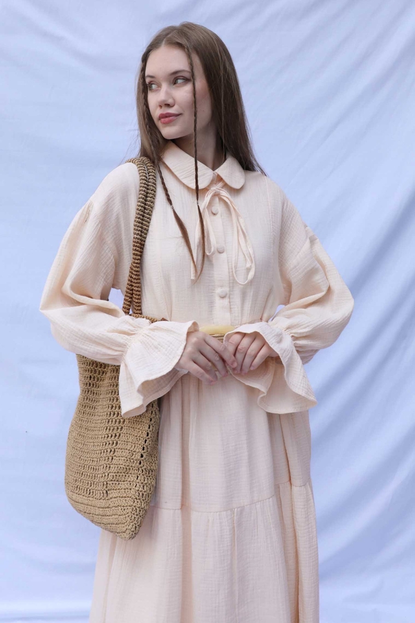 Bebe Yaka Katlı Elbise Krem - 5